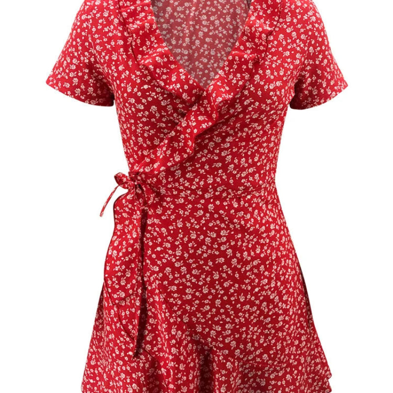 V Neck Mini Dress RuffleBloom in red, Available in: https://nevazza.co.uk/