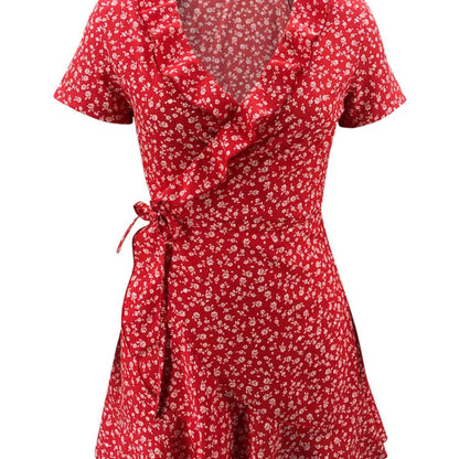 V Neck Mini Dress RuffleBloom in red, Available in: https://nevazza.co.uk/
