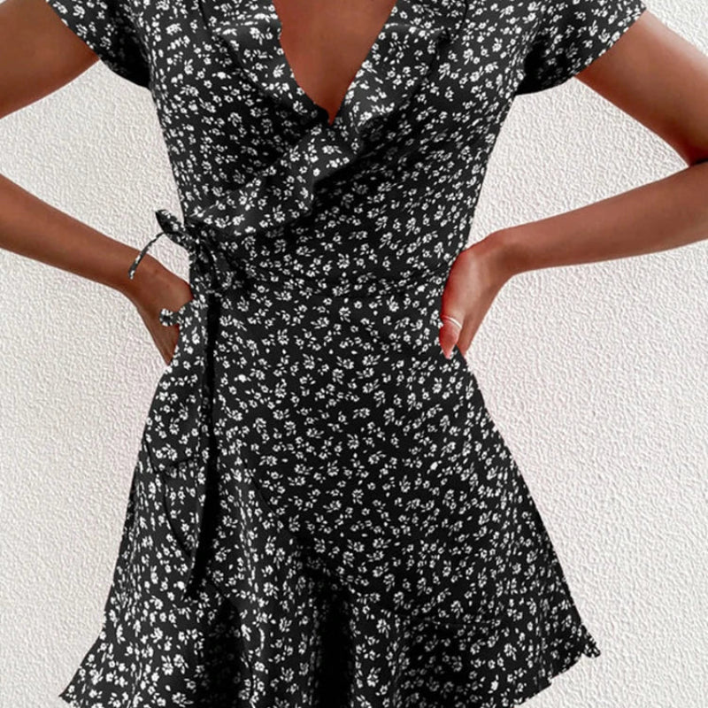 V Neck Mini Dress RuffleBloom in black, Available in: https://nevazza.co.uk/