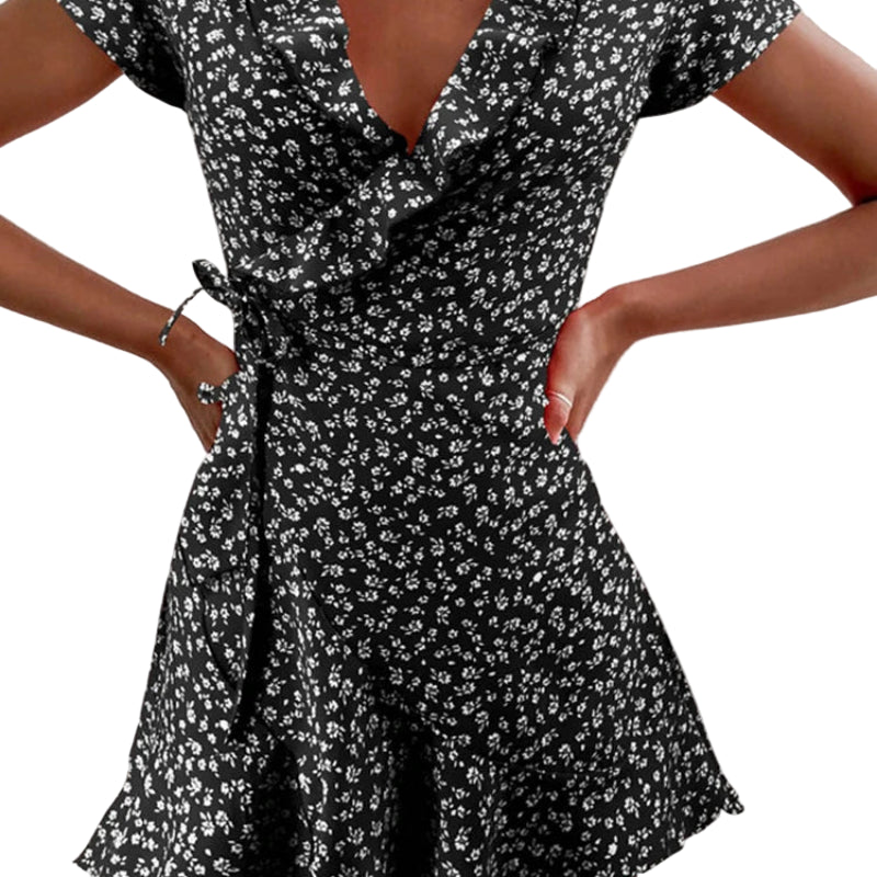 V Neck Mini Dress RuffleBloom in black, Available in: https://nevazza.co.uk/